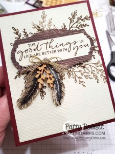 Feathers stamped in StazOn ink onto Brushed Gold cardstock from Stampin' UP! Tasteful Touches card idea featuring Tasteful Textiles embossing folder. www.PattyStamps.com