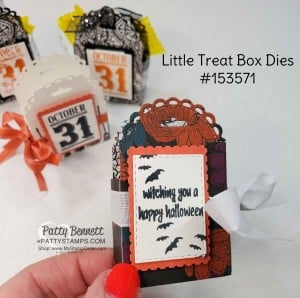 Stampin' UP! Little Treat Box Dies! Use for any occasion. Perfect for Halloween treats. Pair with Festive Post stamp set and Postage Stamp punch. www.PattyStamps.com