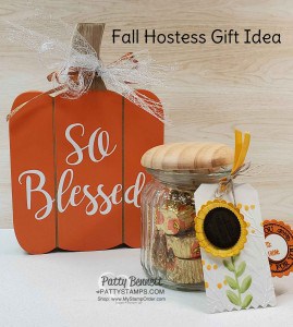 Fall Hostess gift idea featuring Stampin' UP! Metallic Mesh Ribbon on wooden pumpkin. Treats in a jar decorated with sunflower punch art tag. www.PattyStamps.com