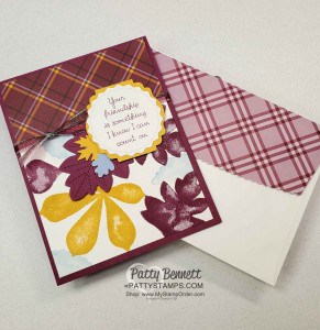 Plaid Tidings Stampin' UP! paper and Love of Leaves bundle and Snowflake Splendor iridescent ribbon colored with Stampin Blends fall card idea by Patty Bennett www.PattyStamps.com