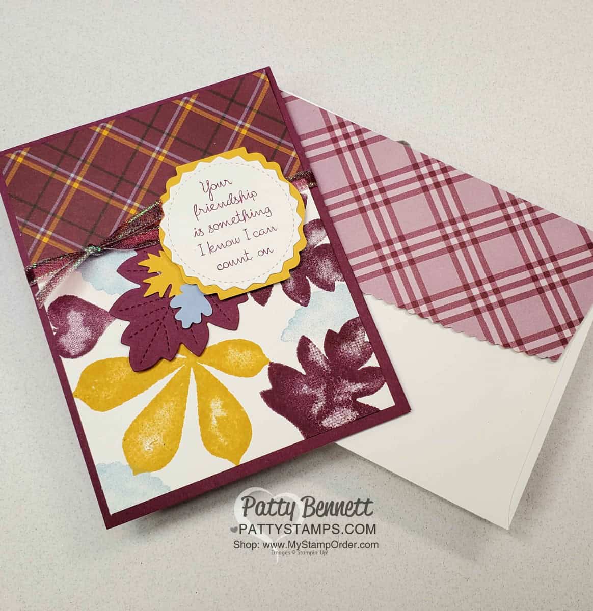 Plaid Tidings Stampin' UP! paper and Love of Leaves bundle and Snowflake Splendor iridescent ribbon colored with Stampin Blends fall card idea by Patty Bennett www.PattyStamps.com