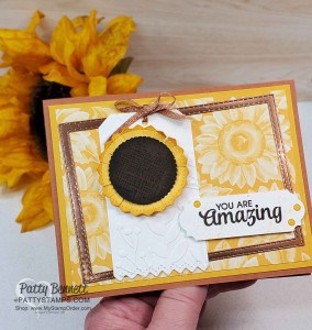 Stampin Up North Pole dies scallop creates a cute punch art sunflower! Tag embossed with Greenery embossing folder. Fall Card with Flowers for Every Season DSP by Patty Bennett www.PattyStamps.com