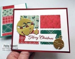 Quick and Easy handmade Christmas Card idea with the Stampin UP! postage stamp punch, Sounds of the Season bells dies and Tis the Season designer paper. www.PattyStamps.com