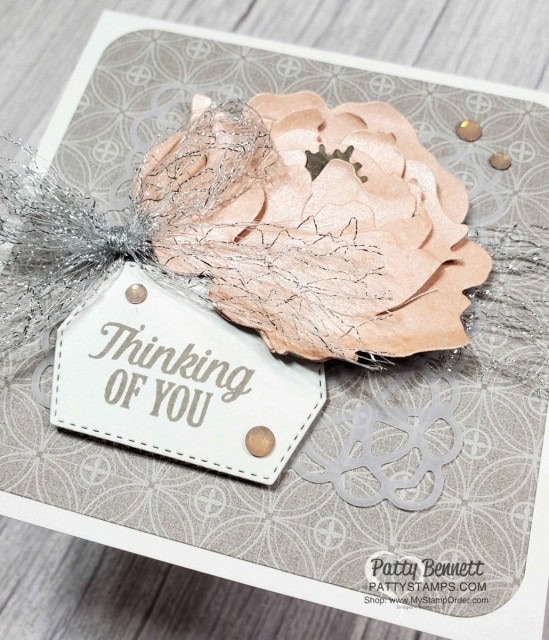 Peony Garden designer paper features Gray Granite and Petal Pink - gorgeous combo for this 3D Prized Peony floral card! www.PattyStamps.com