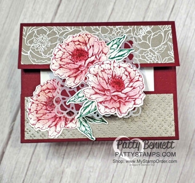 Merry Merlot cardstock base and ink on Prized Peony flowers creates a striking card. Create a quick and easy gift card holder with Stampin' UP! papercrafting supplies. www.PattyStamps.com