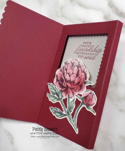 Fun Fold Diorama Card featuring Stampin' Up! Prized Peony bundle and Peony Garden designer paper. Make it sparkle with Champagne Shimmer Paint! www.PattyStamps.com