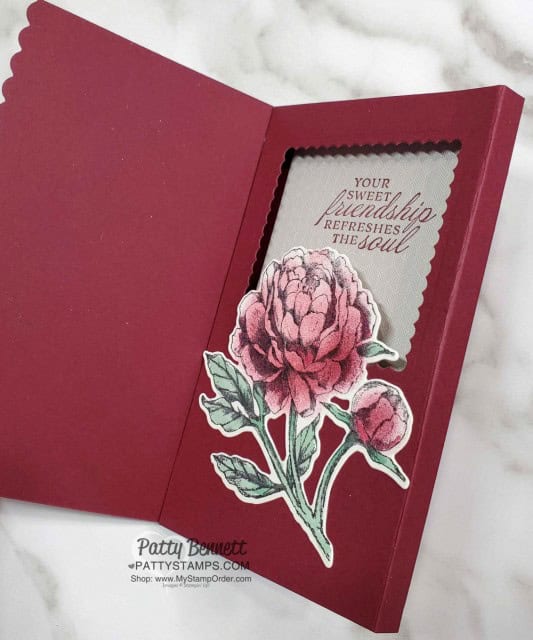 Fun Fold Diorama Card featuring Stampin' Up! Prized Peony bundle and Peony Garden designer paper. Make it sparkle with Champagne Shimmer Paint! www.PattyStamps.com
