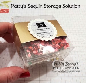 Storage Solution Idea for Stampin' UP! Sequins for Everything featuring 3x3 Acetate box and small zip top baggies, by Patty Bennett www.PattyStamps.com