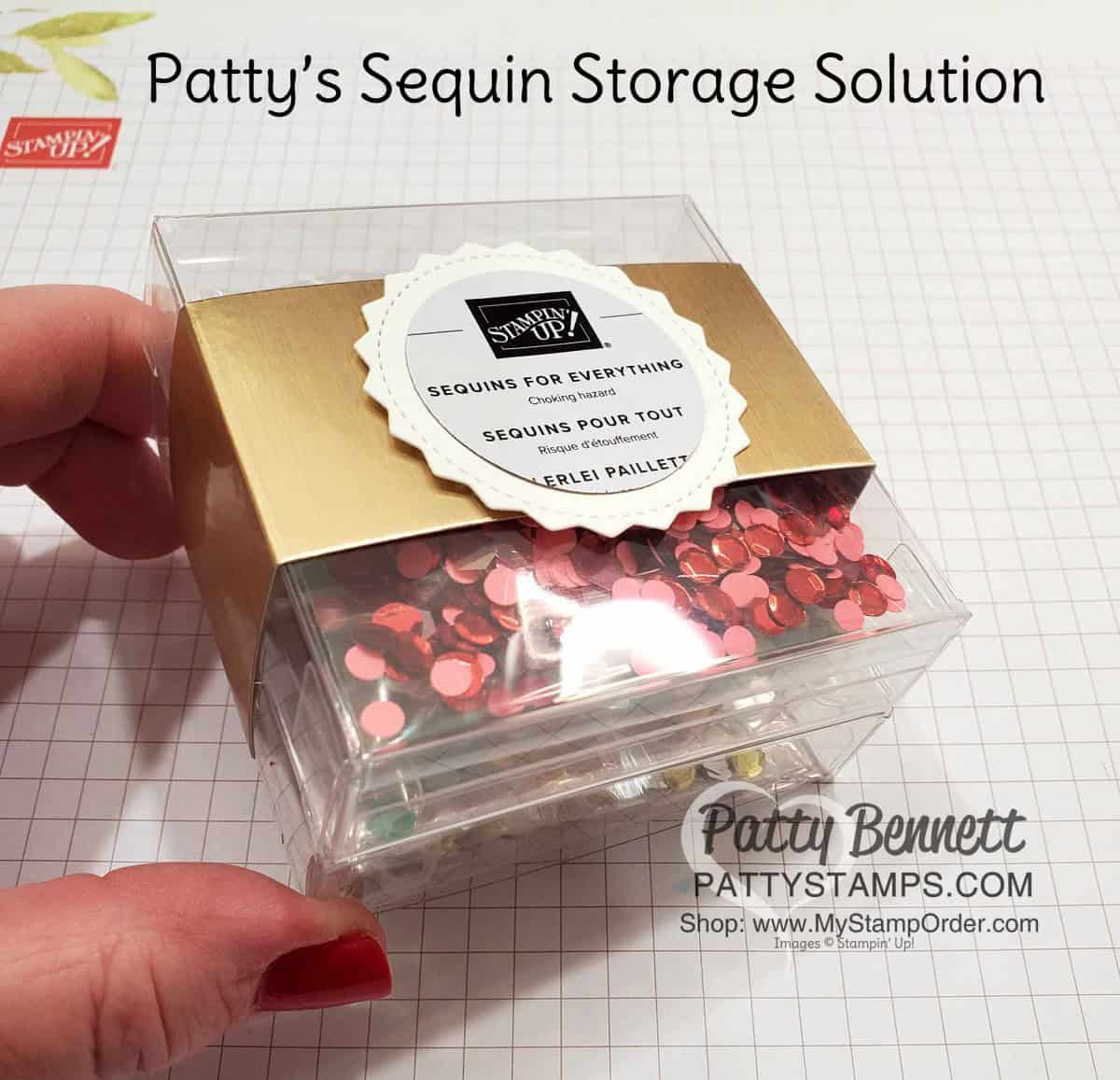 Storage Solution Idea for Stampin' UP! Sequins for Everything featuring 3x3 Acetate box and small zip top baggies, by Patty Bennett www.PattyStamps.com