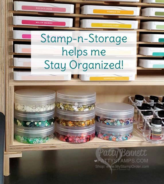 Organize your craft room embellishments and Stampin' Up! sequins with Stamp-n-Storage Crafty Storage Jars!! www.PattyStamps.com