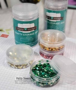 Organize your craft room embellishments and Stampin' Up! sequins with Stamp-n-Storage Crafty Storage Jars!! www.PattyStamps.com