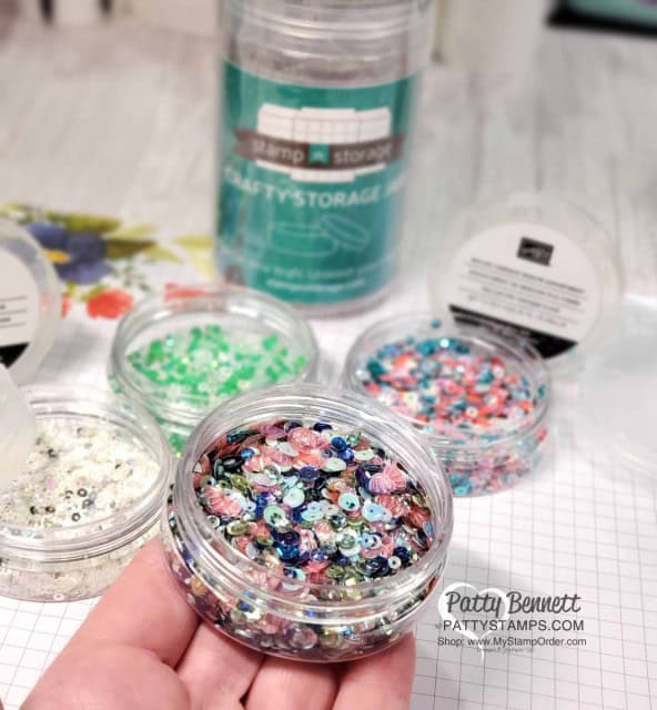 Organize your craft room embellishments and Stampin' Up! sequins with Stamp-n-Storage Crafty Storage Jars!! www.PattyStamps.com