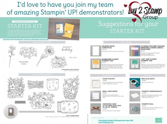 Stampin Up New Demonstrator Starter Kit Suggestion list. Join the Luv 2 Stamp Group, Patty Bennett team leader. www.PattyStamps.com