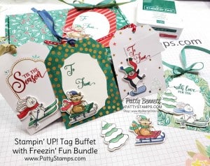 Christmas Tag Buffet Kit from Stampin' UP! paired with the Freezin Fun bundle, penguin, bunny & racoon colored with Stampin Blends markers by Patty Bennett www.PattyStamps.com