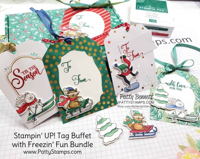 Christmas Tag Buffet Kit from Stampin' UP! paired with the Freezin Fun bundle, penguin, bunny & racoon colored with Stampin Blends markers by Patty Bennett www.PattyStamps.com