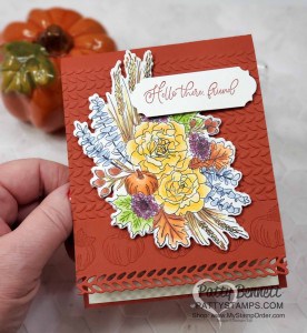 Coloring with Stampin' Blends and the Autumn Greetings bundle from Stampin' Up!. Fall card idea also featuring the Greenery Embossing Folder by Patty Bennett www.PattyStamps.com