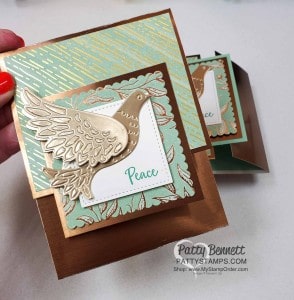 Christmas Gift Card Holder Idea featuring Stampin' Up! Dove of Hope bundle, Brushed Copper Metallic cardstock, and Gilded Autumn paper, by Patty Bennett www.PattyStamps.com