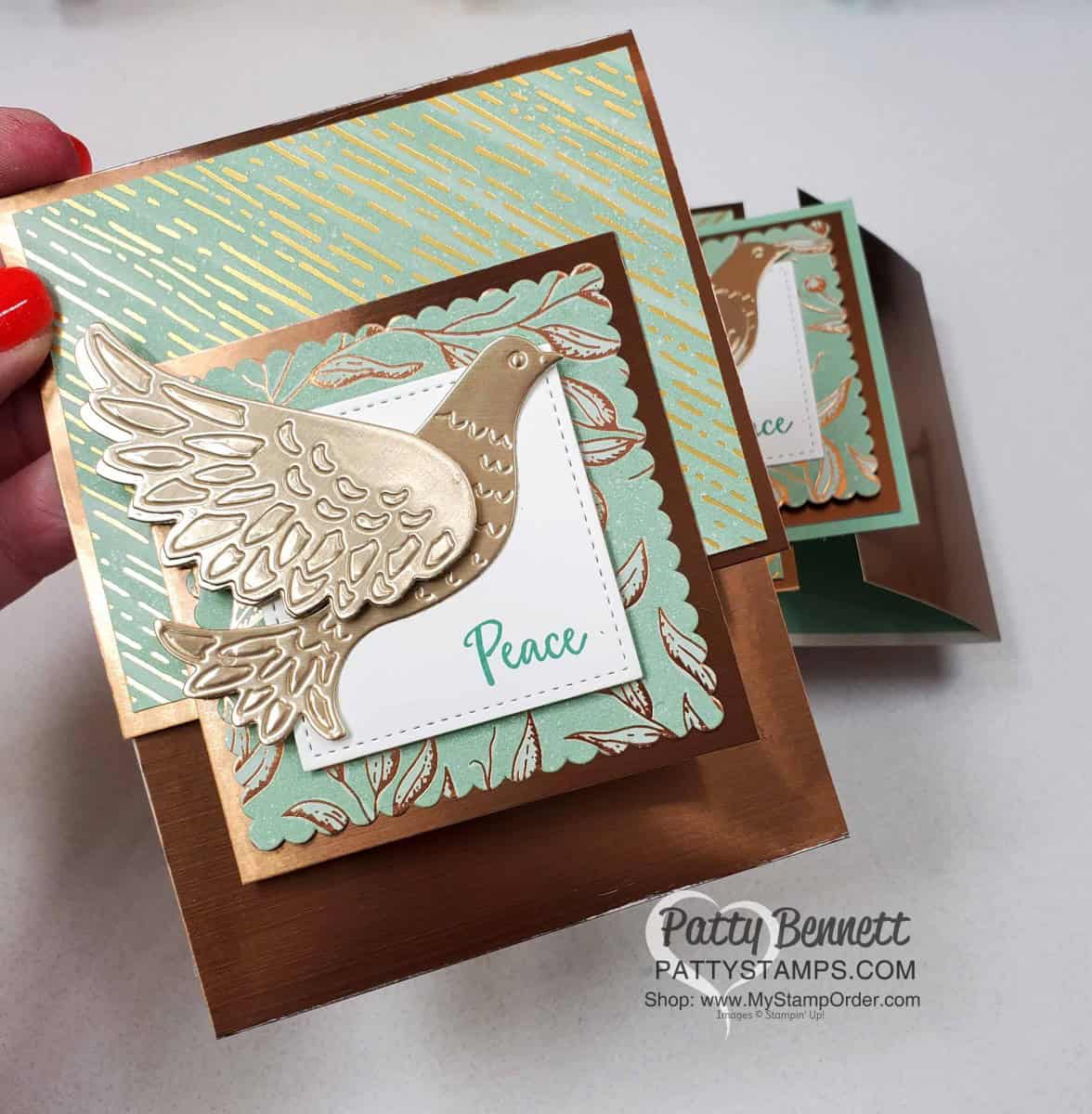 Christmas Gift Card Holder Idea featuring Stampin' Up! Dove of Hope bundle, Brushed Copper Metallic cardstock, and Gilded Autumn paper, by Patty Bennett www.PattyStamps.com
