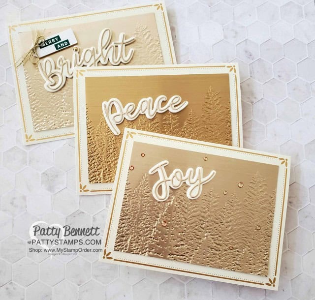Evergreen Forest embossing folder Christmas Card idea featuring Stampin' UP! Metallic Brushed cardstock, Peace & Joy bundle and Foam Adhesive Sheets. by Patty Bennett www.PattyStamps.com