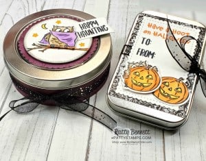 Halloween Treat Tins from Stampin' UP! featuring the Have a Hoot bundle, colored with Stampin' Blends markers, by Patty Bennett