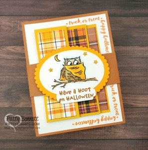 Plaid Tidings designer paper Fun Fold card featuring Stampin' UP! Have a Hoot bundle. Owl colored with Stampin' Blends markers. www.PattyStamps.com