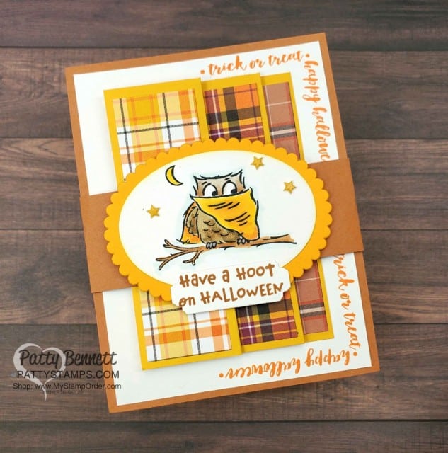 Plaid Tidings designer paper Fun Fold card featuring Stampin' UP! Have a Hoot bundle. Owl colored with Stampin' Blends markers. www.PattyStamps.com