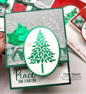 Christmas card idea featuring Stampin' UP! In the Pines bundle, Red and Green foil, and Tis the Season designer paper and Plush Poinsettia flocked paper by Patty Bennett www.PattyStamps.com