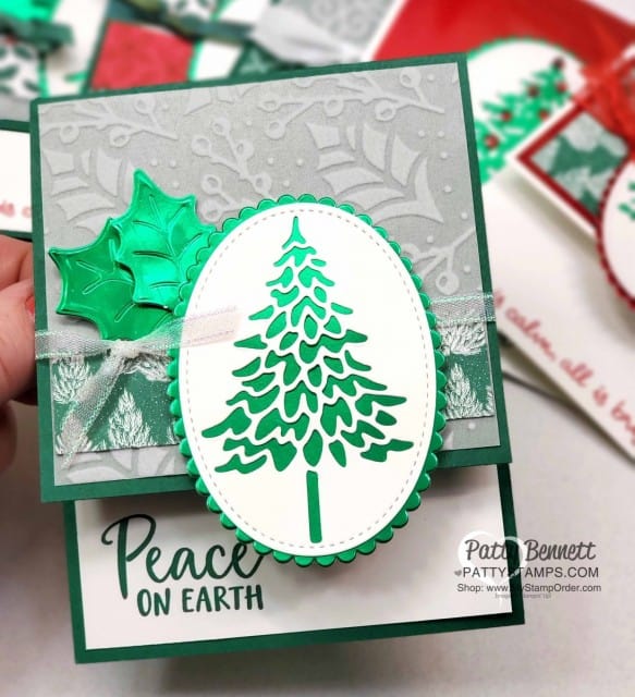 Christmas card idea featuring Stampin' UP! In the Pines bundle, Red and Green foil, and Tis the Season designer paper and Plush Poinsettia flocked paper by Patty Bennett www.PattyStamps.com
