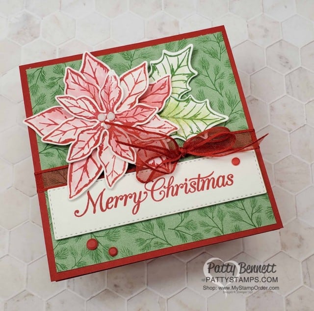 Christmas Card Idea featuring Stampin' UP! Poinsettia Petals bundle with Real Red ink and colored with Wink of Stella glimmer pen! www.PattyStamps.com