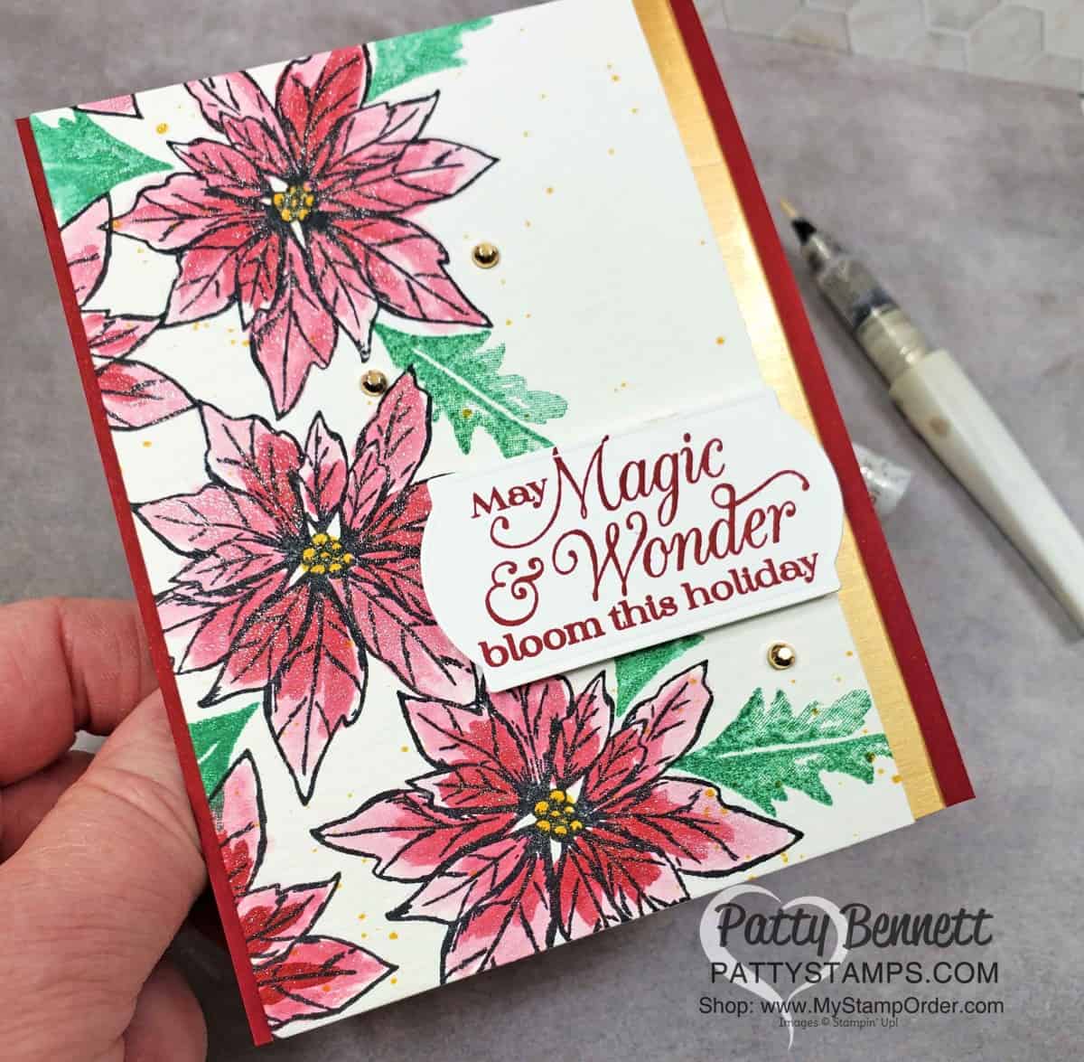 Stampin' UP! Poinsettia Petals Christmas Card Idea painted with Wink of Stella and Cherry Cobbler reinker by Patty Bennett