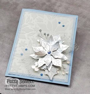Poinsettia Petals flower die cut card idea featuring Stampin' UP! Plush Poinsettia Flocked Vellum paper and Blue Gems. by Patty Bennett www.PattyStamps.com