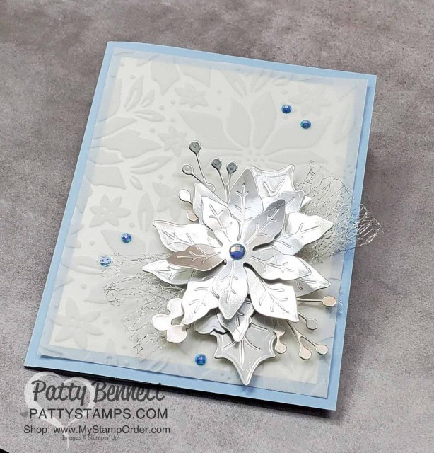 Poinsettia Petals flower die cut card idea featuring Stampin' UP! Plush Poinsettia Flocked Vellum paper and Blue Gems. by Patty Bennett www.PattyStamps.com