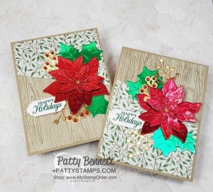 Red and Green foil Poinsettia Christmas cards featuring Stampin' UP! Poinsettia Place designer paper and Wonderful Gems embellishments. by Patty Bennett www.PattyStamps.com