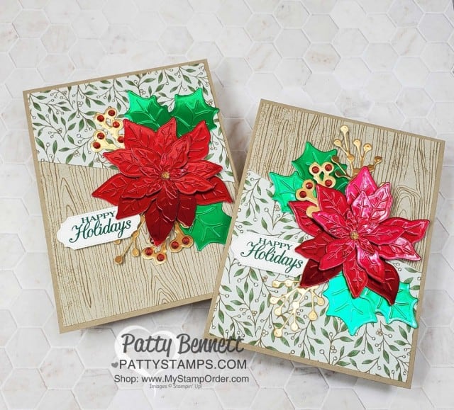 Red and Green foil Poinsettia Christmas cards featuring Stampin' UP! Poinsettia Place designer paper and Wonderful Gems embellishments. by Patty Bennett www.PattyStamps.com