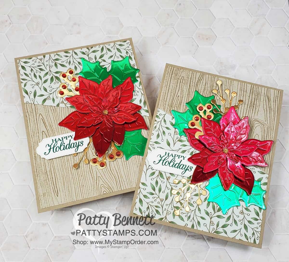 Red and Green foil Poinsettia Christmas cards featuring Stampin' UP! Poinsettia Place designer paper and Wonderful Gems embellishments. by Patty Bennett www.PattyStamps.com