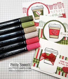 Press On stamp set from Stampin' UP! - cute coffee cup cards featuring Stampin' Blends coloring and 'Tis the Season designer paper. by Patty Bennett www.PattyStamps.com