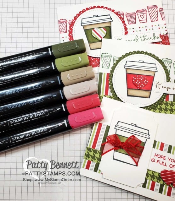 Press On stamp set from Stampin' UP! - cute coffee cup cards featuring Stampin' Blends coloring and 'Tis the Season designer paper. by Patty Bennett www.PattyStamps.com