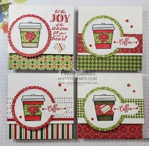 Heartwarming Hugs designer paper square cards featuring Coffee Cups from the Press On Stampin UP! set. By Patty Bennett www.PattyStamps.com