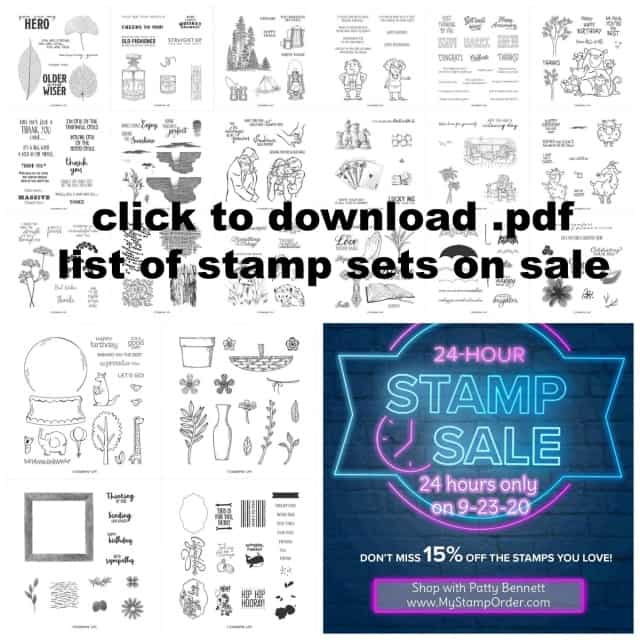 Stampin' UP! 24 Hour Flash Sale - stamp sets on sale 15% off on 9-23-20 only!  shop with Patty Bennett www.MyStampOrder.com