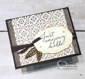 Stampin' UP! Stitched Lace Die #149625 paired with the In Good Taste designer paper and Tasteful Touches bundle. Card idea with Wood Elements. www.PattyStamps.com