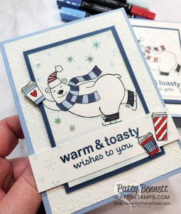 Stampin UP Warm & Toasty card idea: color polar bear with Stampin' Blends markers. Add coffee cups from Press On Set, Winter Snow embossing folder background. by Patty Bennett www.PattyStamps.com