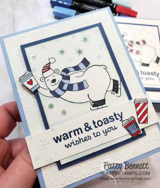 Stampin UP Warm & Toasty card idea: color polar bear with Stampin' Blends markers. Add coffee cups from Press On Set, Winter Snow embossing folder background. by Patty Bennett www.PattyStamps.com