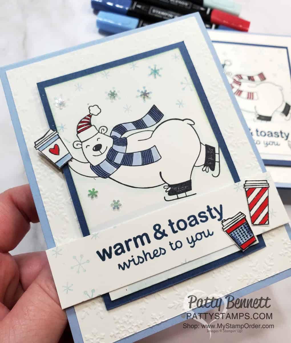 Stampin UP Warm & Toasty card idea: color polar bear with Stampin' Blends markers. Add coffee cups from Press On Set, Winter Snow embossing folder background. by Patty Bennett www.PattyStamps.com