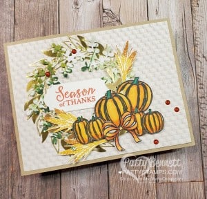Stampin' UP! Gather Together stamp set - pumpkin fall wreath card colored with Stampin Blends for Thanksgiving by Patty Bennett www.PattyStamps.com