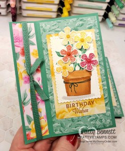 Easy Fun Fold card idea featuring Stampin' UP! Basket of Blooms stamp set. Flowers for Every Season paper, Just Jade ribbon and Stampin' Blends coloring. by Patty Bennett www.PattyStamps.com