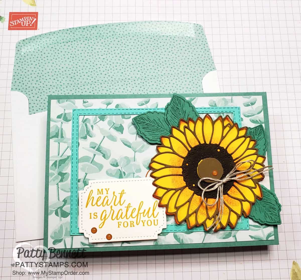 Stampin' UP! Celebrate Sunflowers card featuring Just Jade memories & more card and Beautiful Autumn thankful greeting. www.PattyStamps.com
