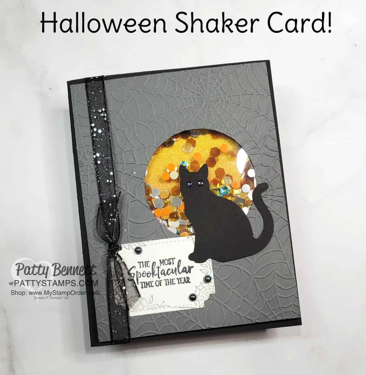 Stampin' UP! Halloween Shaker Card Idea featuring Cobwebs embossing folder and black Cat Punch, by Patty Bennett www.PattyStamps.com