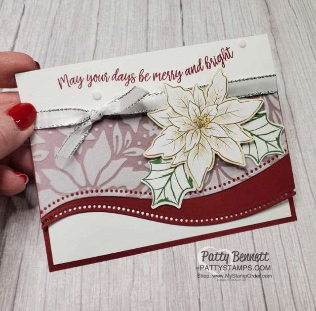 Use Stampin' UP! Curvy Dies and Plush Poinsettia flocked vellum paper to make handmade Christmas Cards for 2020. by Patty Bennett www.PattyStamps.com