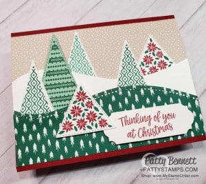 Handmade Christmas card featuring Stampin Up Curvy Celebrations dies, Classic Christmas paper and Tree Angle stamp set. by Patty Bennett