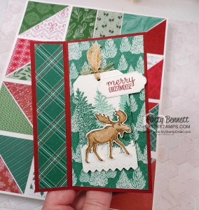 Super Easy Fun Fold card idea featuring Stampin' UP! Moose Punch and Tis the Season Designer paper, by Patty Bennett, www.PattyStamps.com